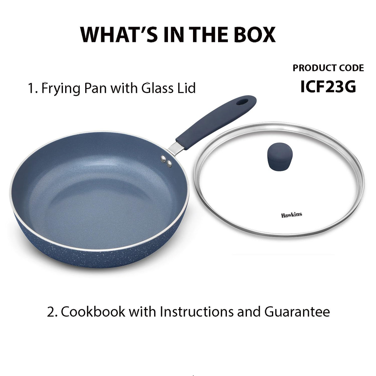 Hawkins Ceramic Nonstick Frying Pan, 23 cm Diameter, Induction Fry Pan with Glass Lid, Granite Omlette Egg Pan, Fish Pan, Blue (ICF23G)