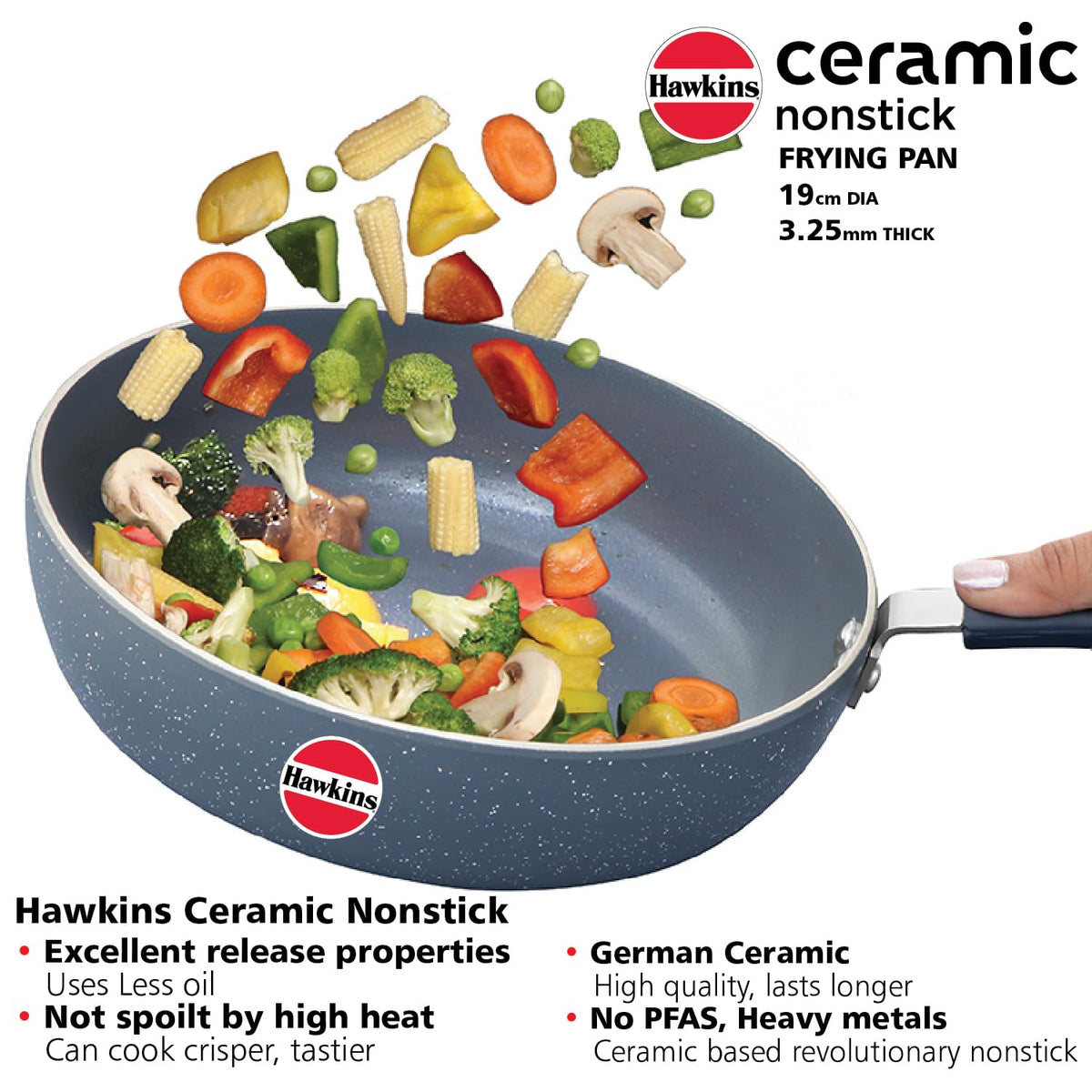 Hawkins Ceramic Nonstick Frying Pan, 19 cm Diameter, Induction Fry Pan with Glass Lid, Granite Omlette Egg Pan (ICF19G)