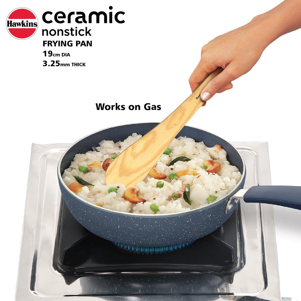 Hawkins Ceramic Nonstick Frying Pan, 19 cm Diameter, Induction Fry Pan with Glass Lid, Granite Omlette Egg Pan (ICF19G)