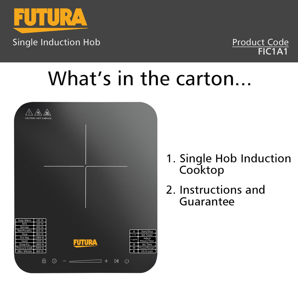 Hawkins Futura Single Induction Hob, 2000-W Cooktop with 20 Power Settings, Precise Time Setting Intervals, Child Lock, Black (FIC1A1)