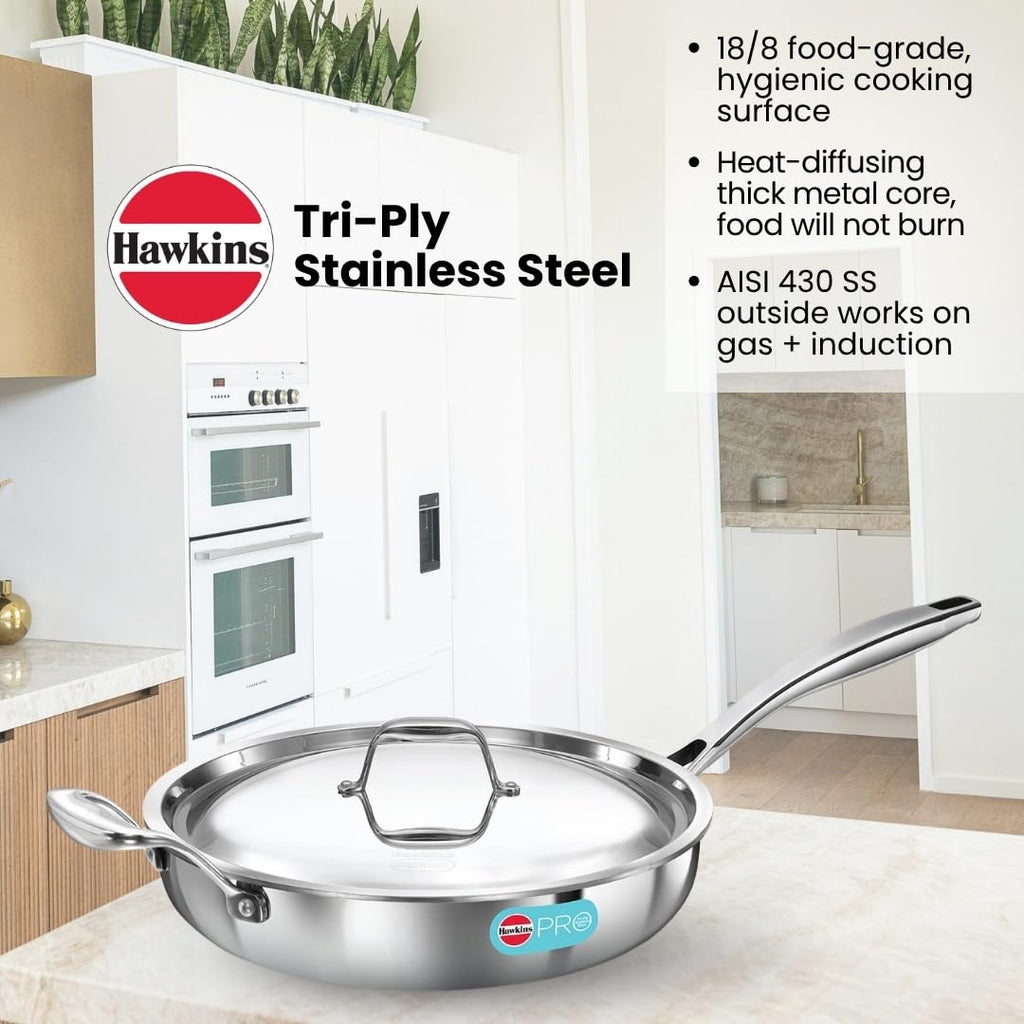 Hawkins Pro 22 cm Frying Pan, Triply Stainless Steel Fry Pan with Stainless Steel Handle and Stainless Steel Lid, Silver (PSF22S)