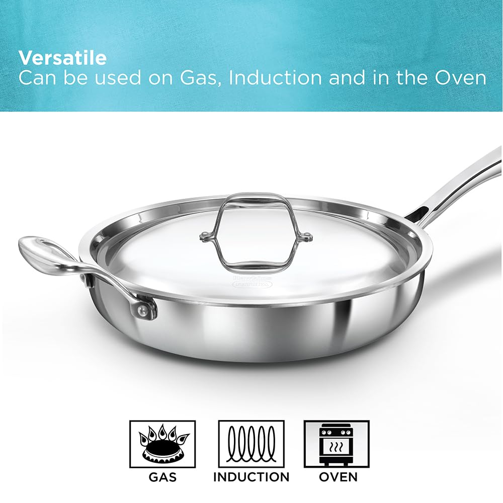 Hawkins Pro 22 cm Frying Pan, Triply Stainless Steel Fry Pan with Stainless Steel Handle and Stainless Steel Lid, Silver (PSF22S)