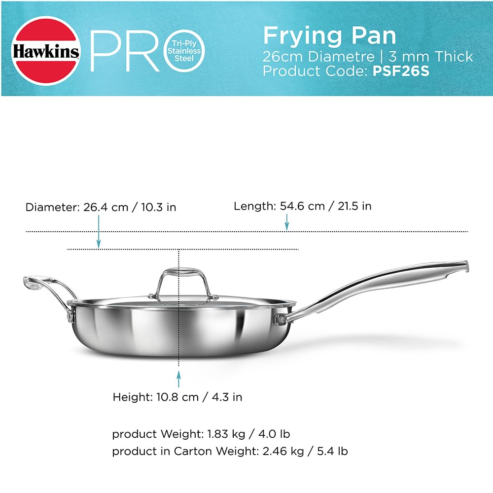 Hawkins Pro 22 cm Frying Pan, Triply Stainless Steel Fry Pan with Stainless Steel Handle and Stainless Steel Lid, Silver (PSF22S)