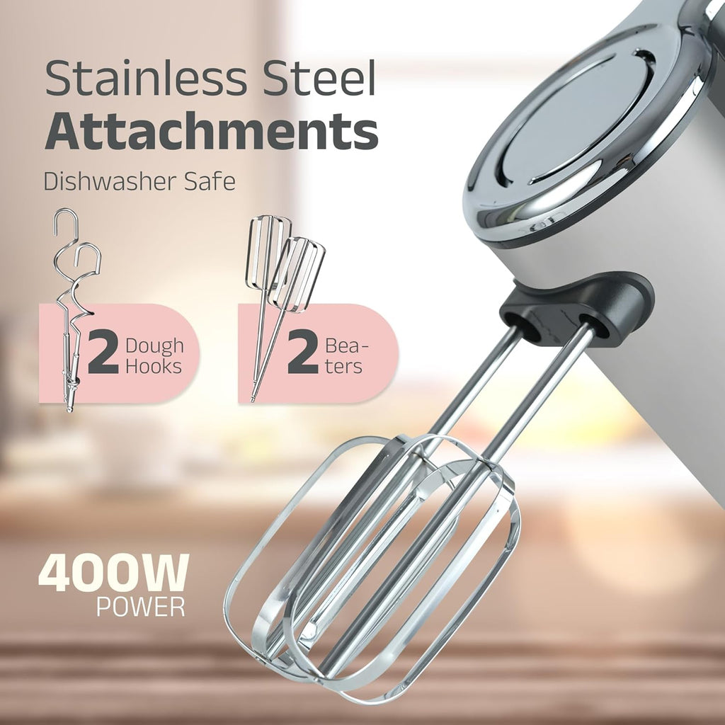 IBELL WHISK400 Electric Hand Mixer, 400W, Blender, Detachable Beaters & Dough Hooks, With Turbo Button 5 Speed Settings(Silver).