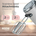 IBELL WHISK400 Electric Hand Mixer, 400W, Blender, Detachable Beaters & Dough Hooks, With Turbo Button 5 Speed Settings(Silver).