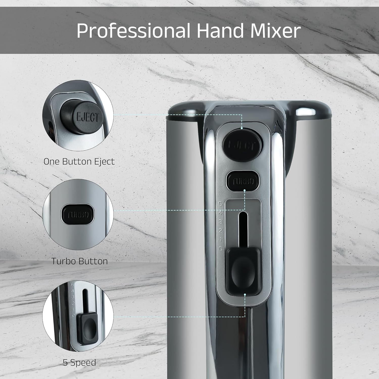 IBELL WHISK400 Electric Hand Mixer, 400W, Blender, Detachable Beaters & Dough Hooks, With Turbo Button 5 Speed Settings(Silver).