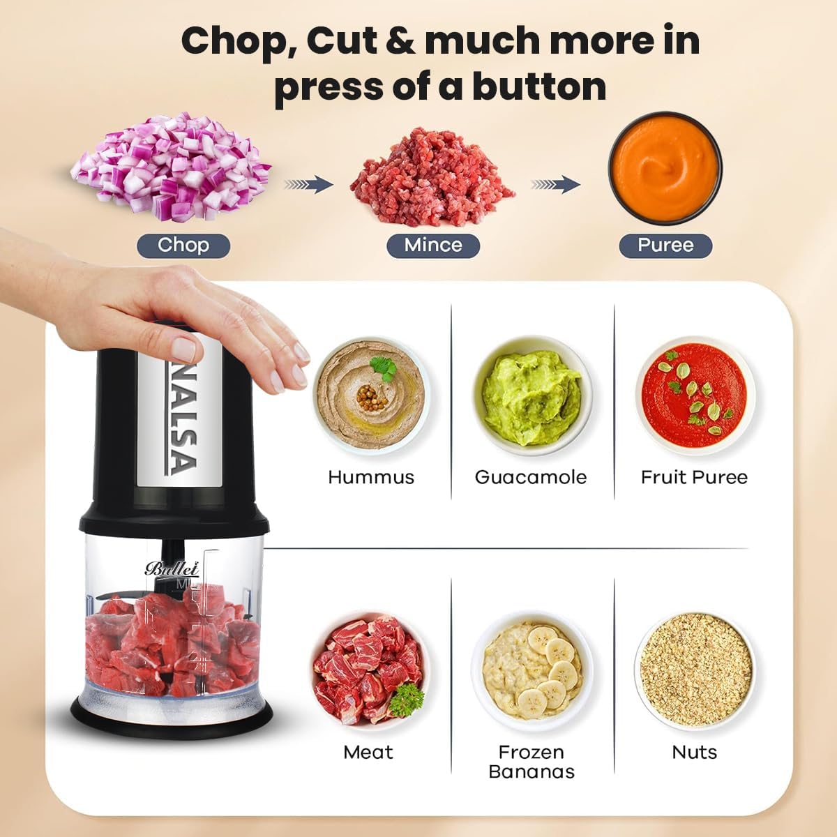 INALSA Electric Chopper Bullet-400 Watts  One Touch Operation, 1.30mtr