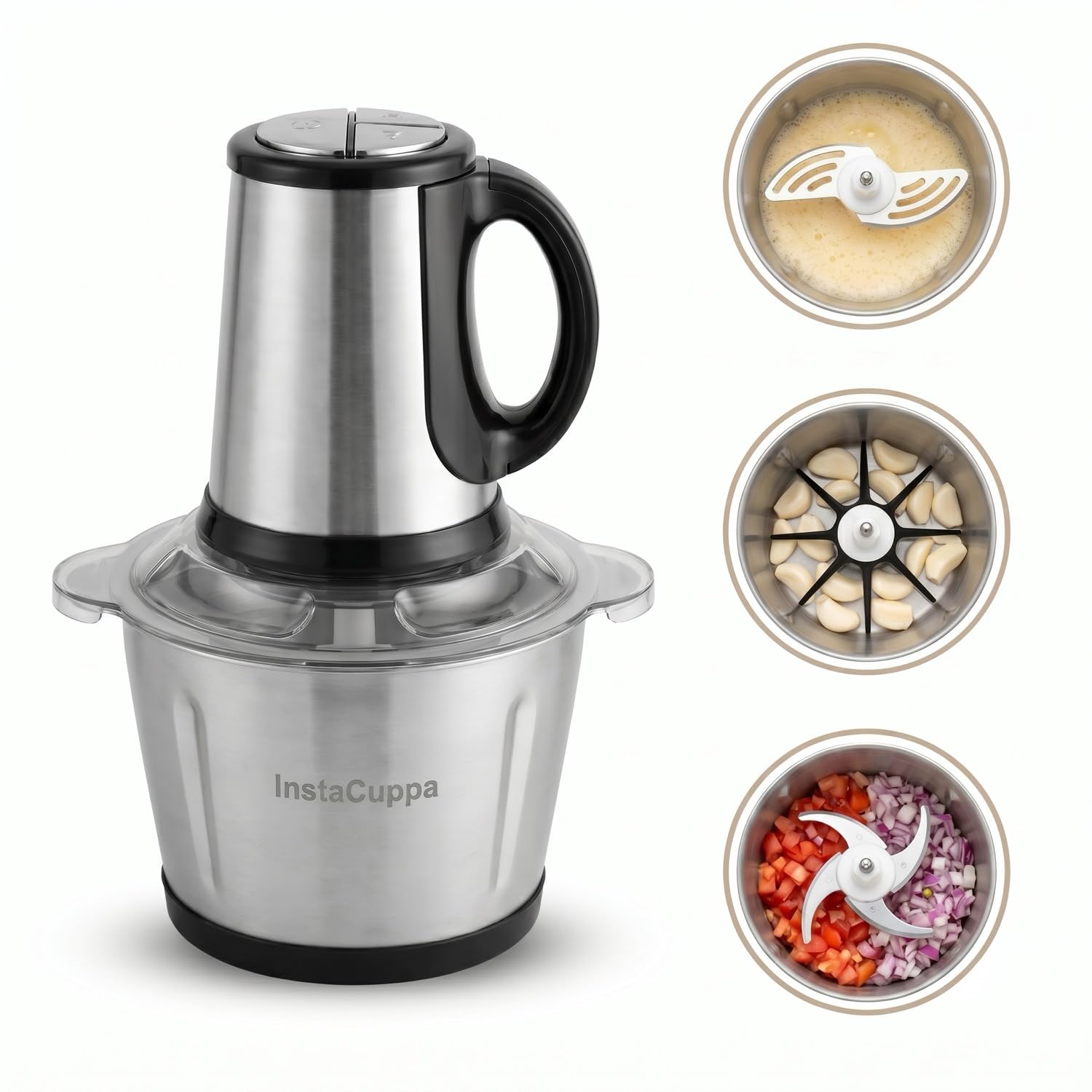 InstaCuppa Electric Chopper for Kitchen Use with 3 Attachments, 2 Litre Stainless Steel Meat Mincer, 300W