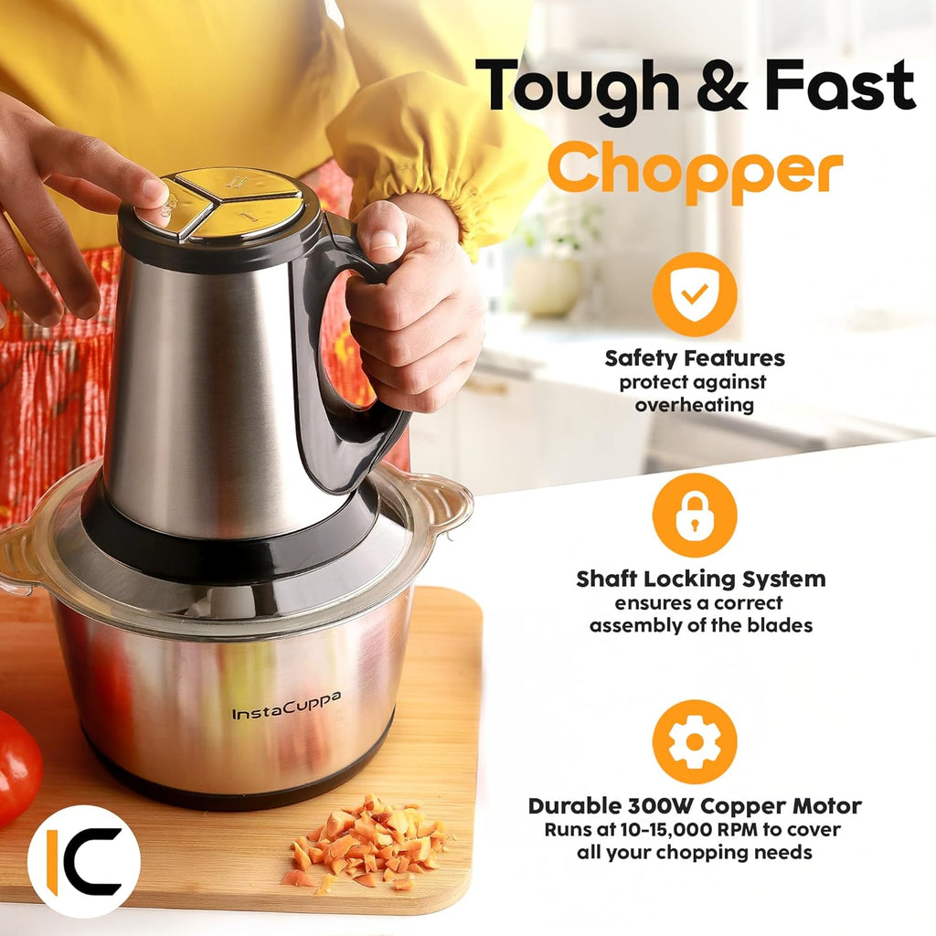 InstaCuppa Electric Chopper for Kitchen Use with 3 Attachments, 2 Litre Stainless Steel Meat Mincer, 300W