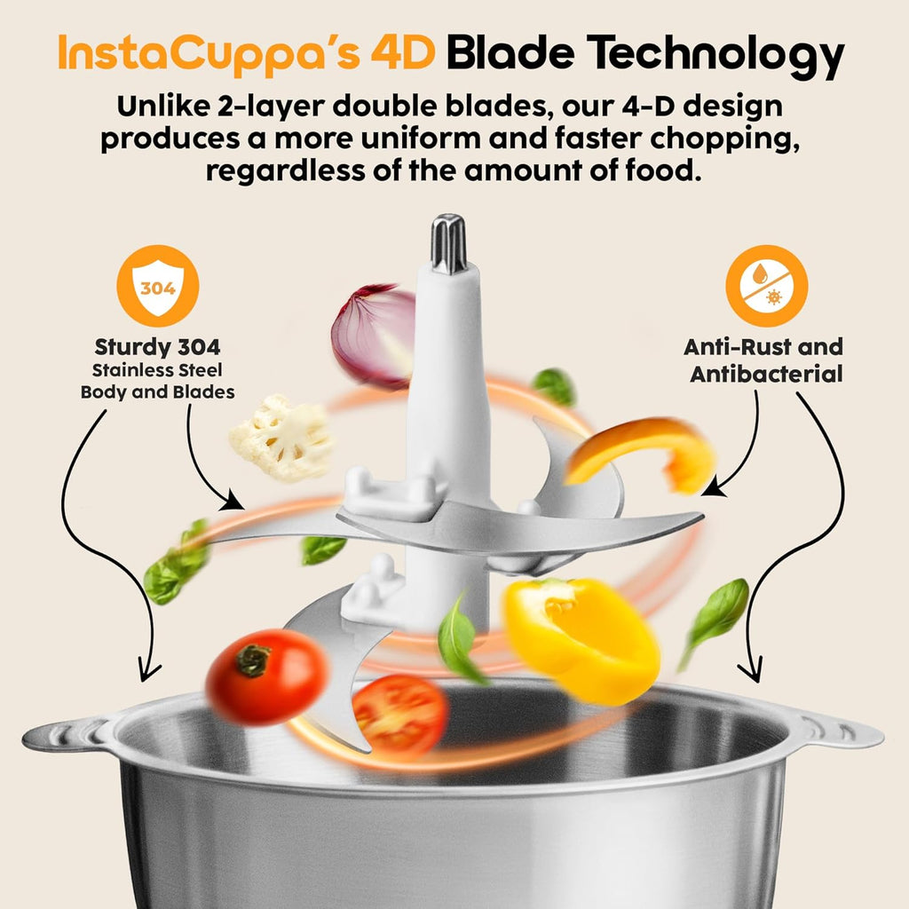 InstaCuppa Electric Chopper for Kitchen Use with 3 Attachments, 2 Litre Stainless Steel Meat Mincer, 300W