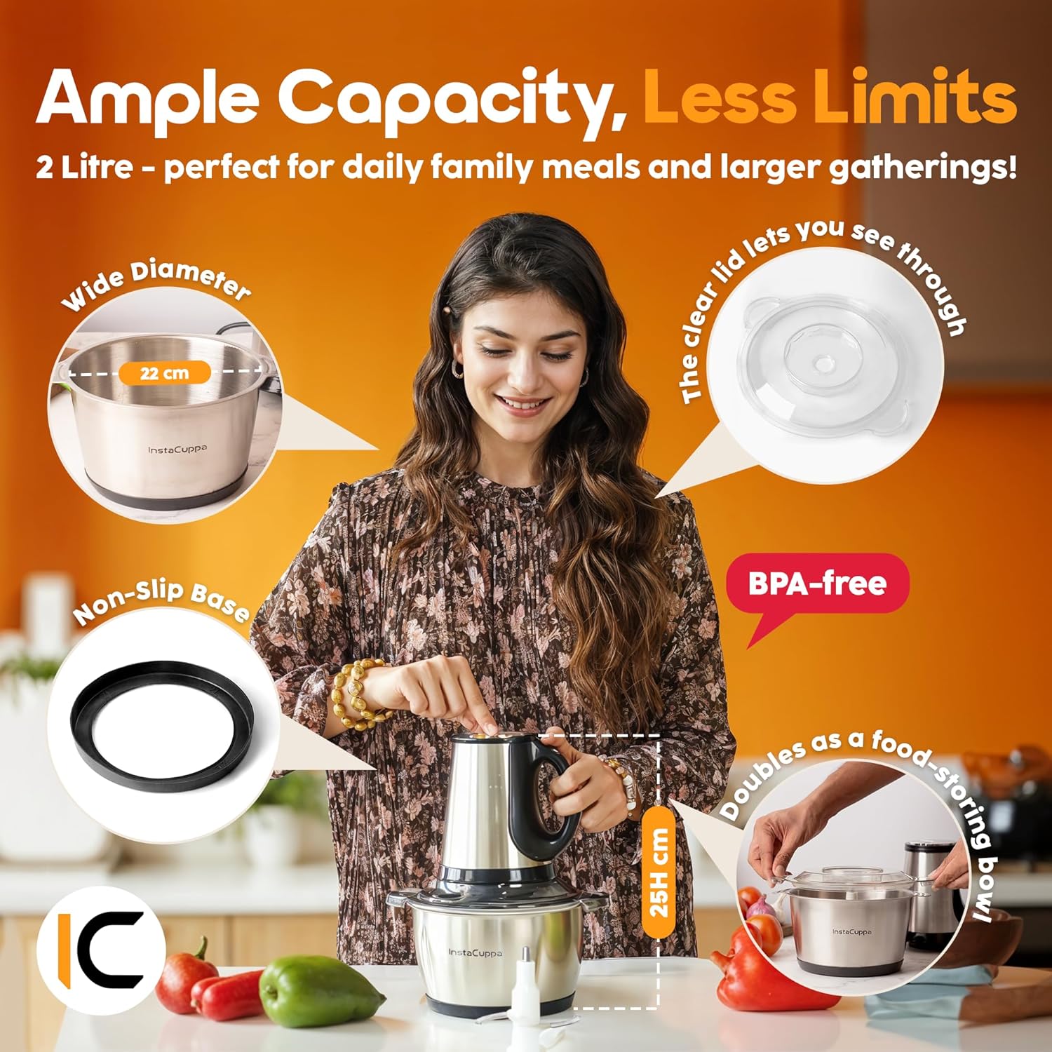 InstaCuppa Electric Chopper for Kitchen Use with 3 Attachments, 2 Litre Stainless Steel Meat Mincer, 300W