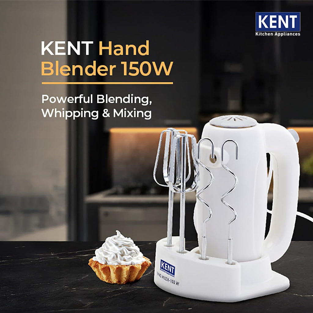 KENT 150W, 5 Speed Control, Copper Motor, Multiple Beaters, Overheating Protection, Food Grade Plastic Body Hand Blender (White)