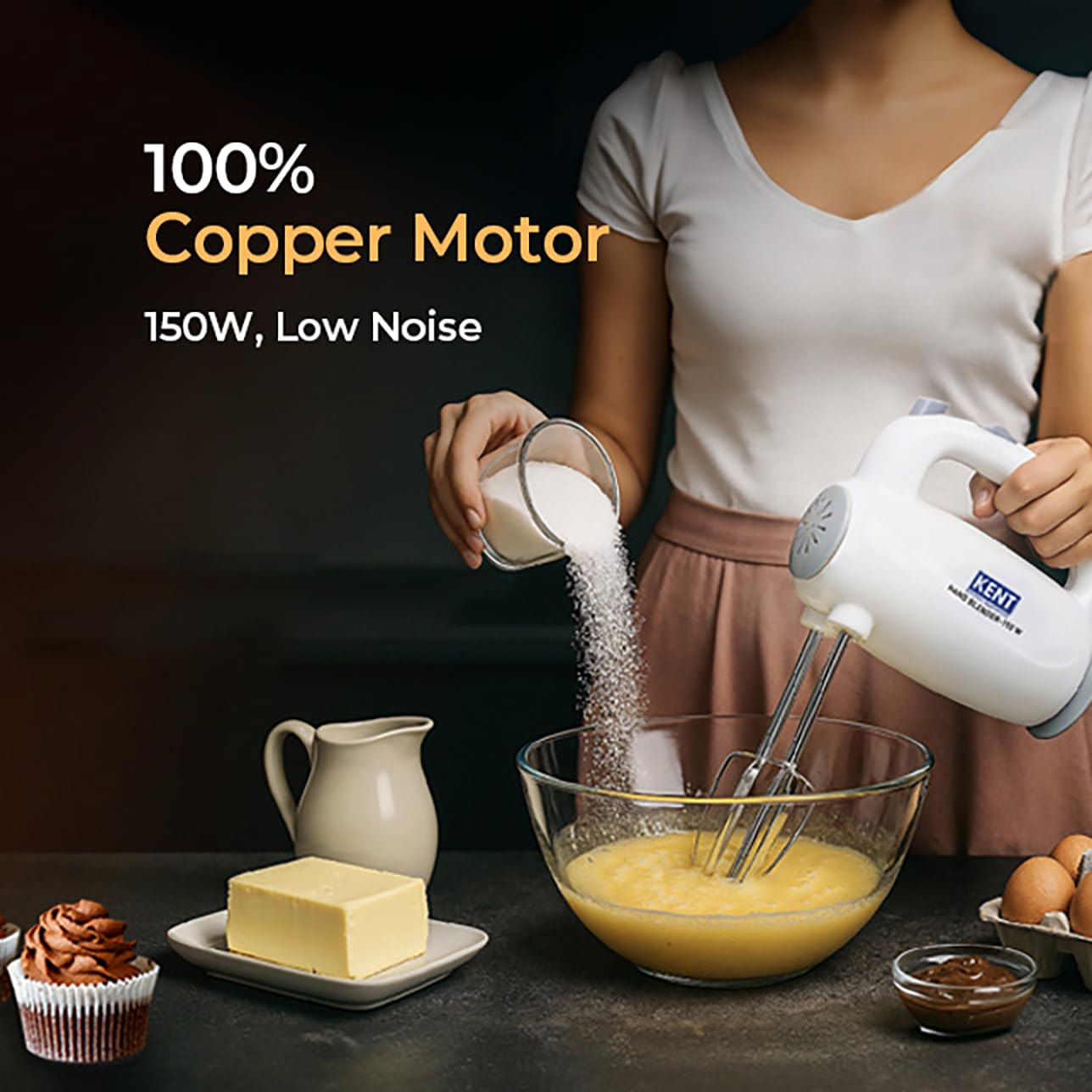KENT 150W, 5 Speed Control, Copper Motor, Multiple Beaters, Overheating Protection, Food Grade Plastic Body Hand Blender (White)
