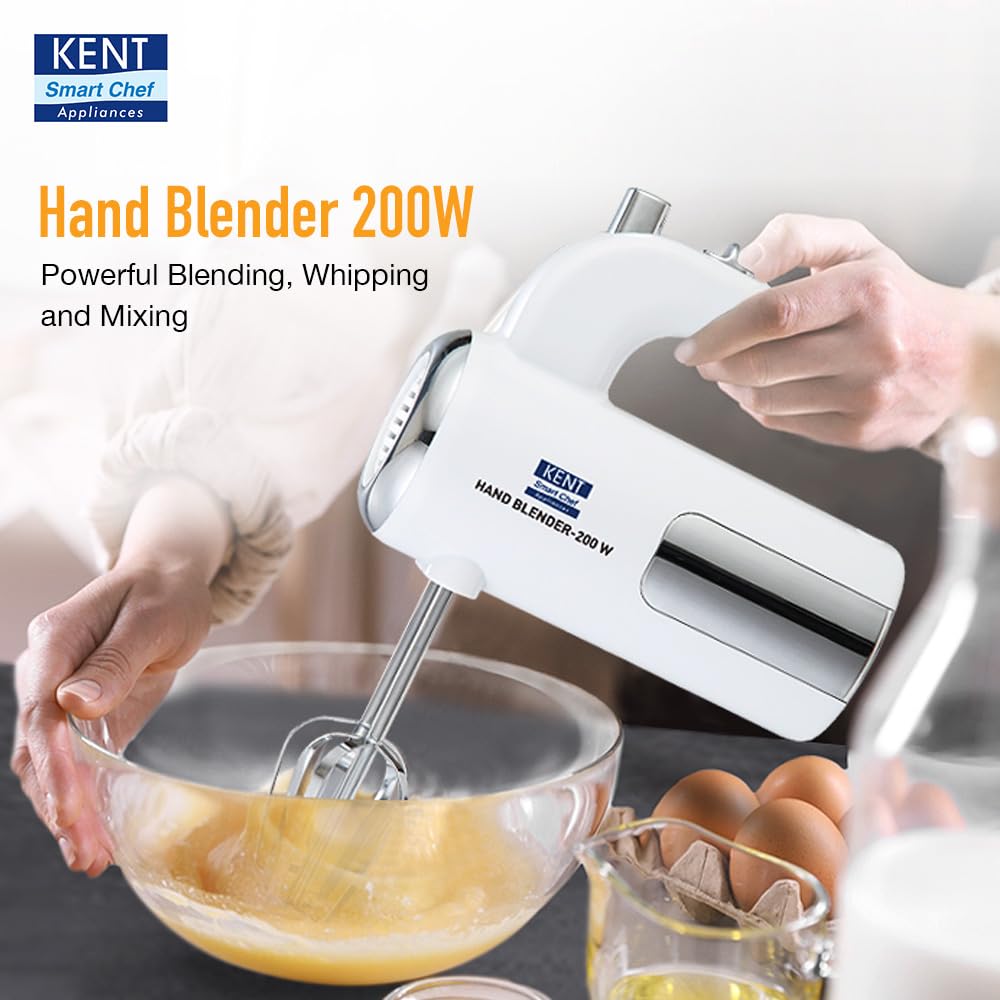 KENT Hand Blender 200 Watts | Multiple Beaters & Dough Hooks | In-Built Overheating Protection | 5 Speed Control | Turbo Function | 100% Copper Motor
