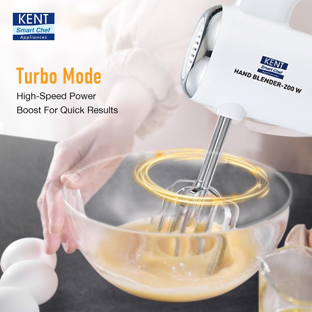 KENT Hand Blender 200 Watts | Multiple Beaters & Dough Hooks | In-Built Overheating Protection | 5 Speed Control | Turbo Function | 100% Copper Motor