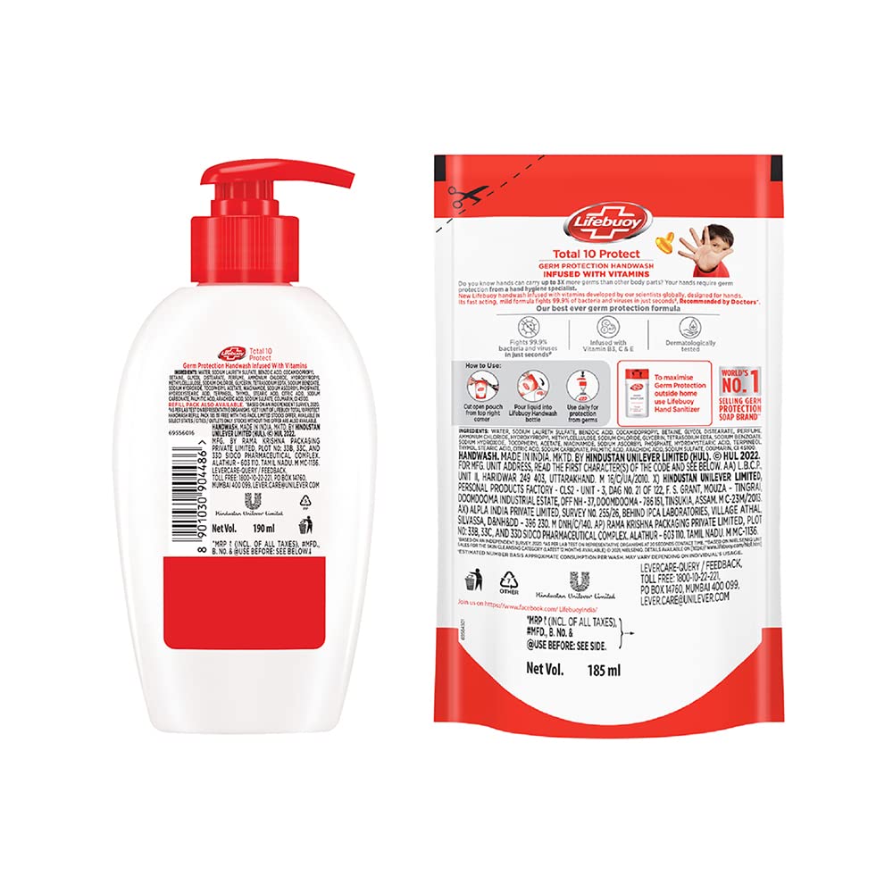 Lifebuoy Total 10 Germ Protection Handwash 190 ml With Refill Pouch 185 ml Free