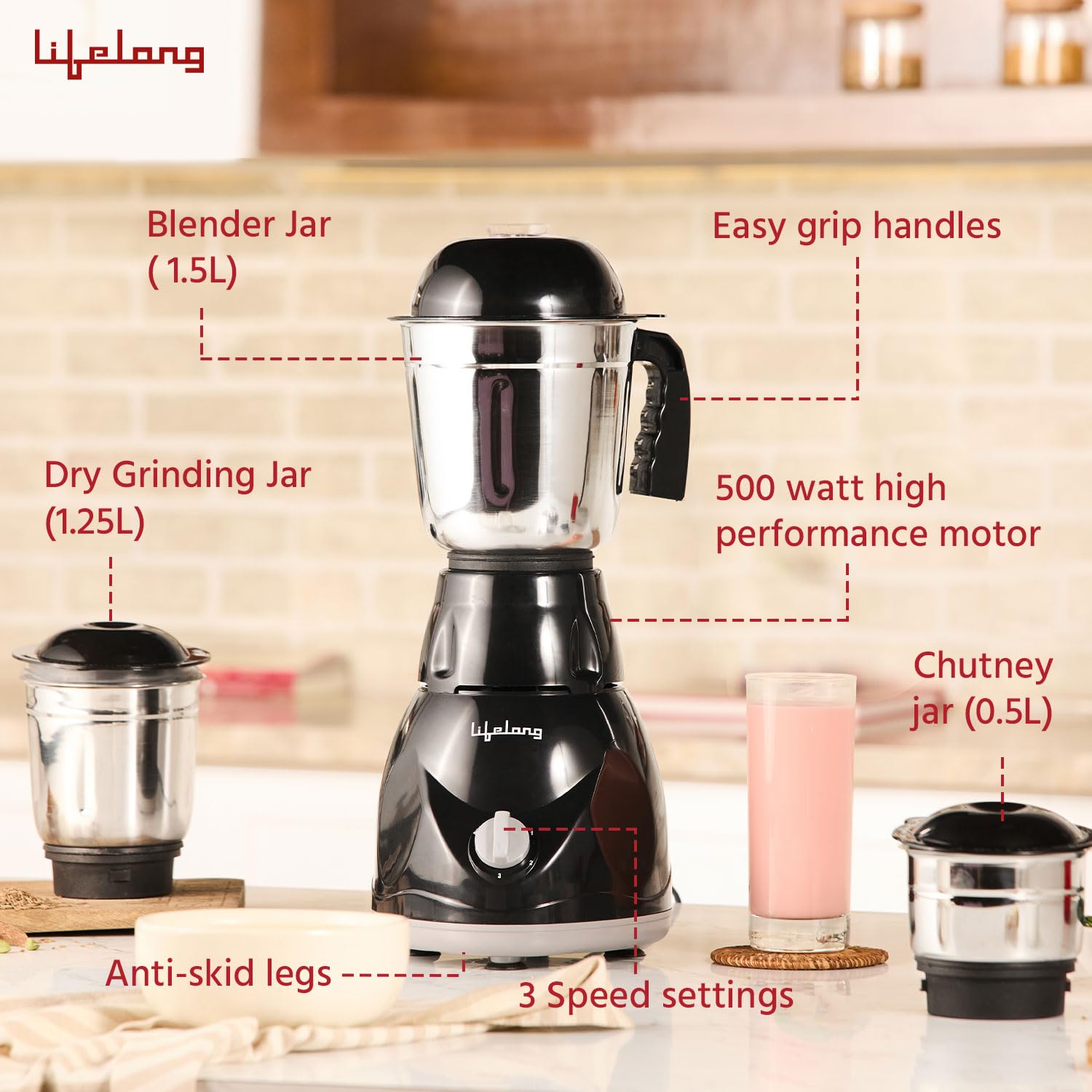 Lifelong LLMG23 Power Pro 500-Watt Mixer Grinder with 3 Jars