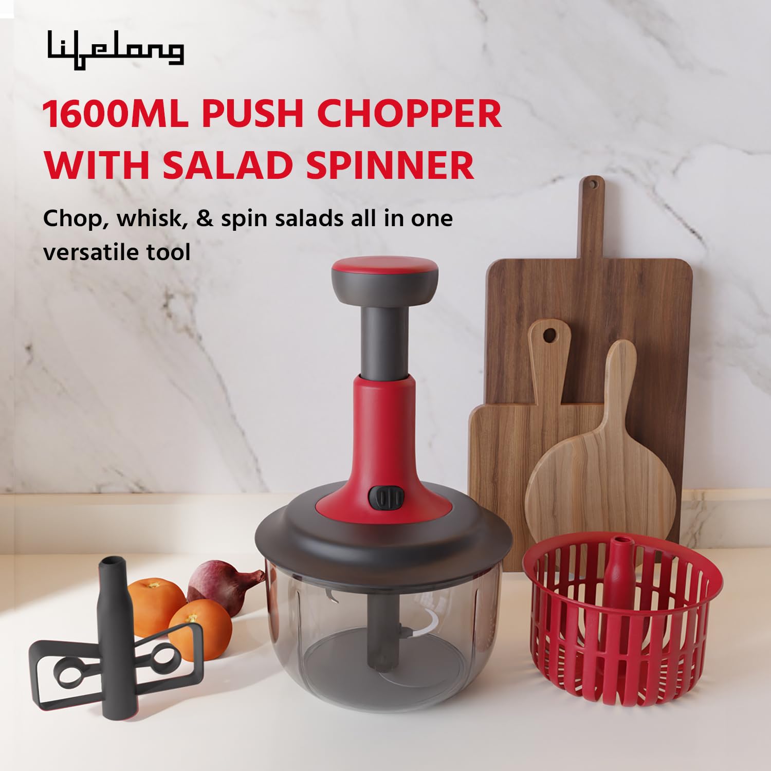 Lifelong Push Chopper 1600ml with Whisker & Salad Spinner
