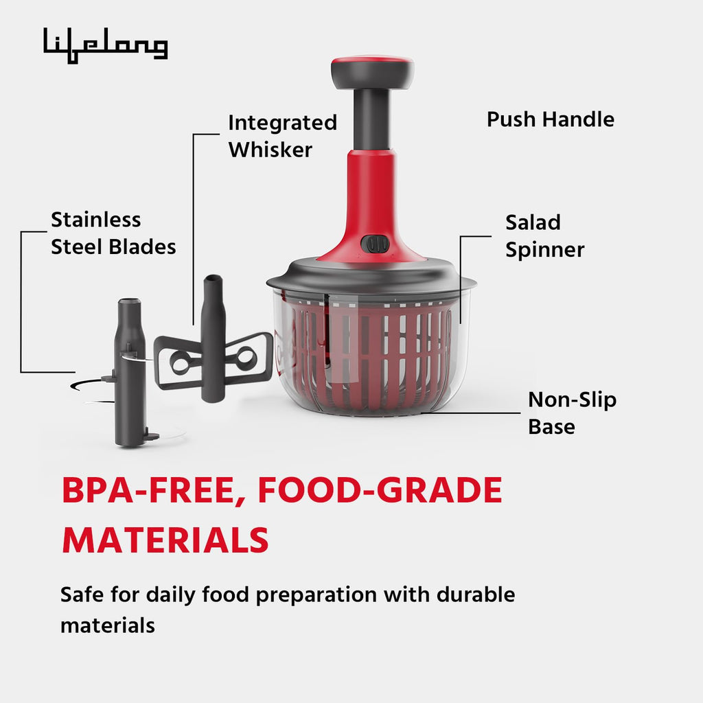 Lifelong Push Chopper 1600ml with Whisker & Salad Spinner
