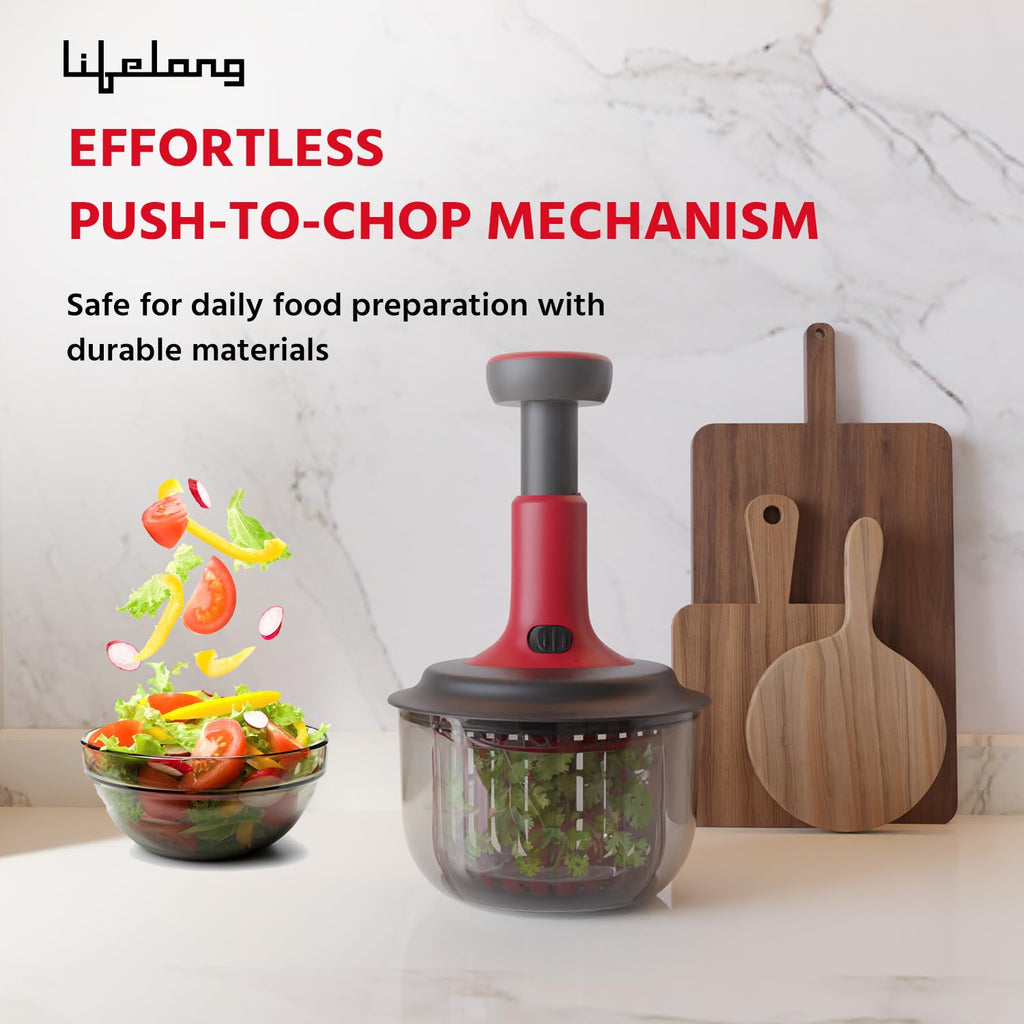 Lifelong Push Chopper 1600ml with Whisker & Salad Spinner