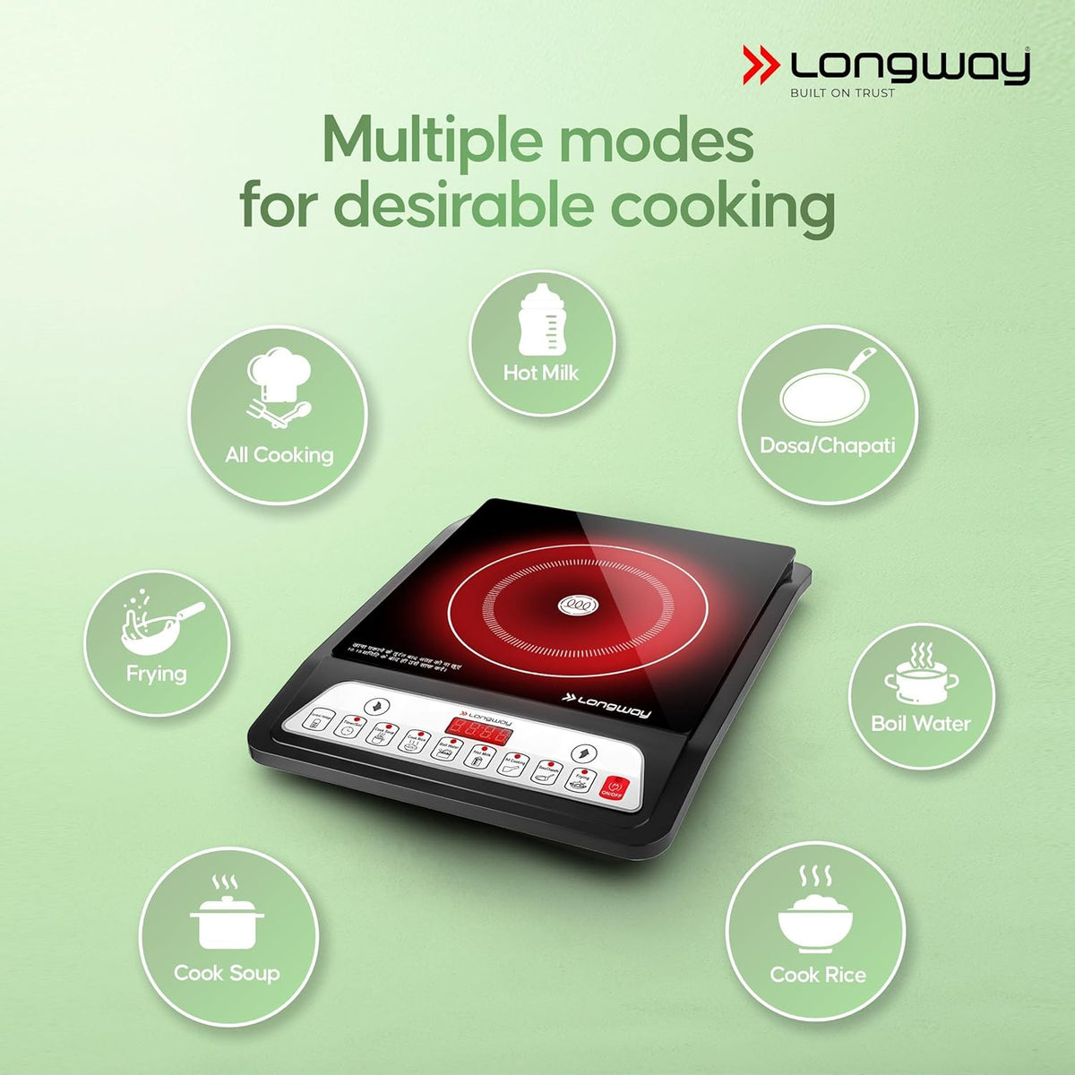 Longway Ember Plus IC 2000 Watt Induction Cooktop with Auto Shut-Off & Over-Heat Protection With 7 Cooking Mode & BIS Approved (Black, Push Button)