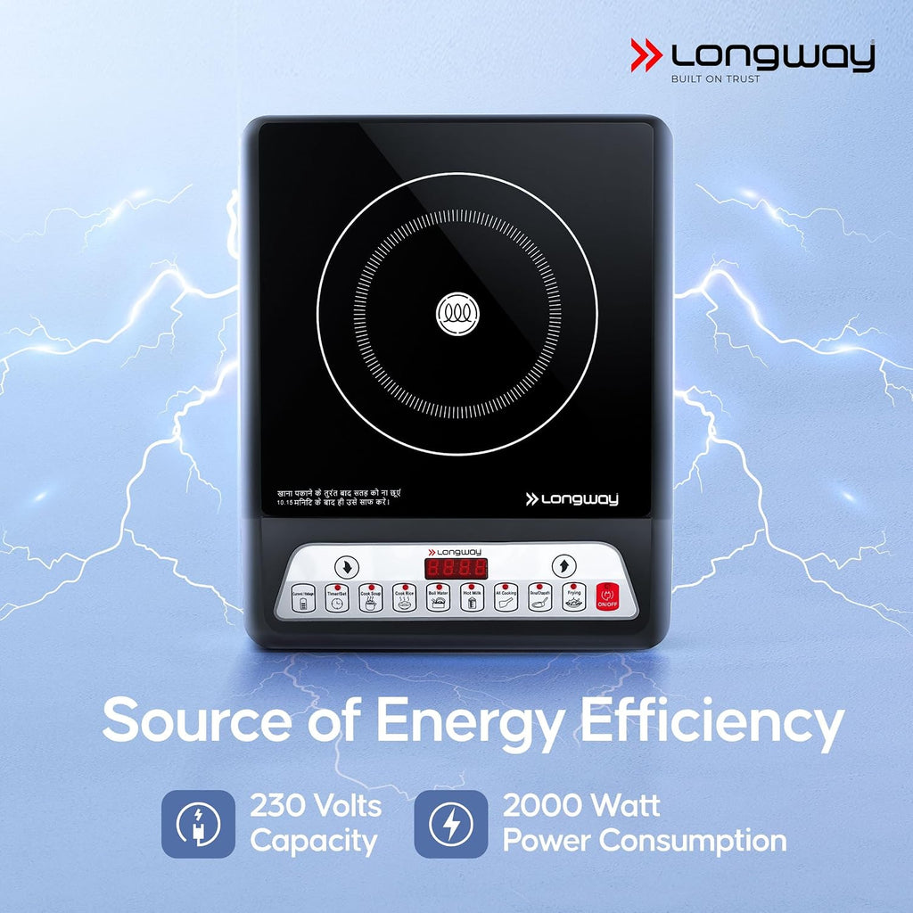 Longway Ember Plus IC 2000 Watt Induction Cooktop with Auto Shut-Off & Over-Heat Protection With 7 Cooking Mode & BIS Approved (Black, Push Button)