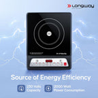 Longway Ember Plus IC 2000 Watt Induction Cooktop with Auto Shut-Off & Over-Heat Protection With 7 Cooking Mode & BIS Approved (Black, Push Button)