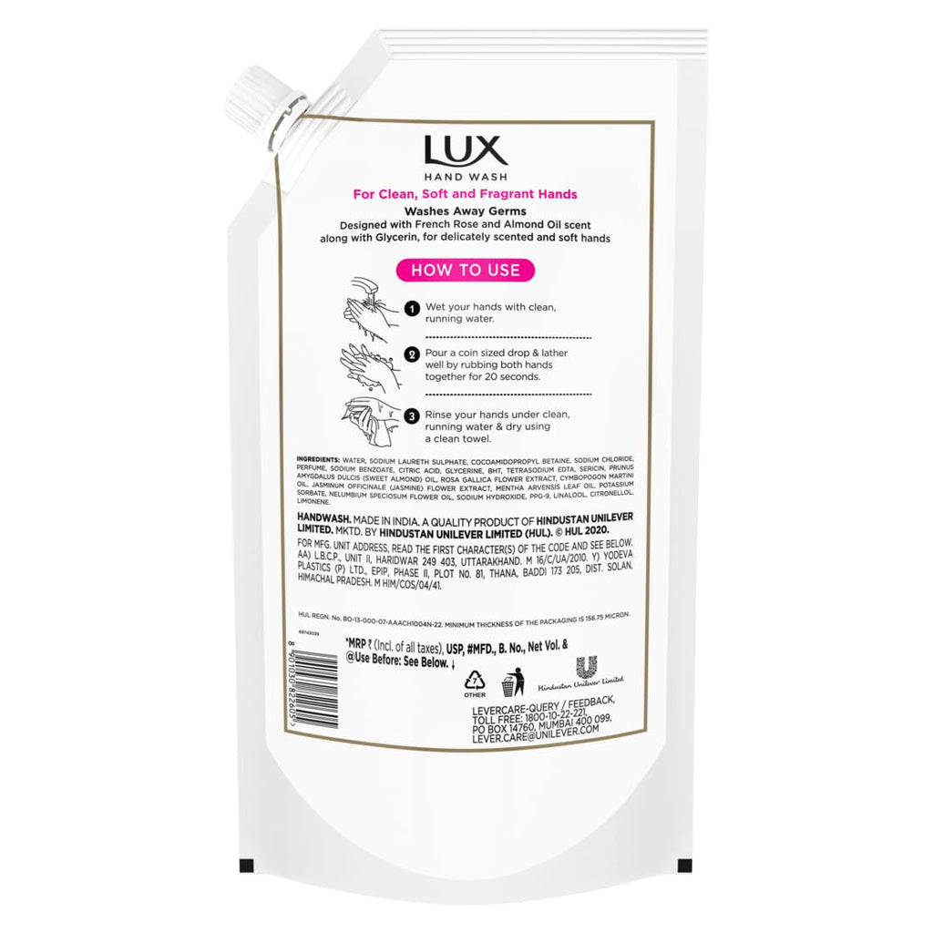 Lux Handwash with French Rose & Almond Oil For Clean|| Soft & Fregrant Hands Refill Pouch|| 750 ml