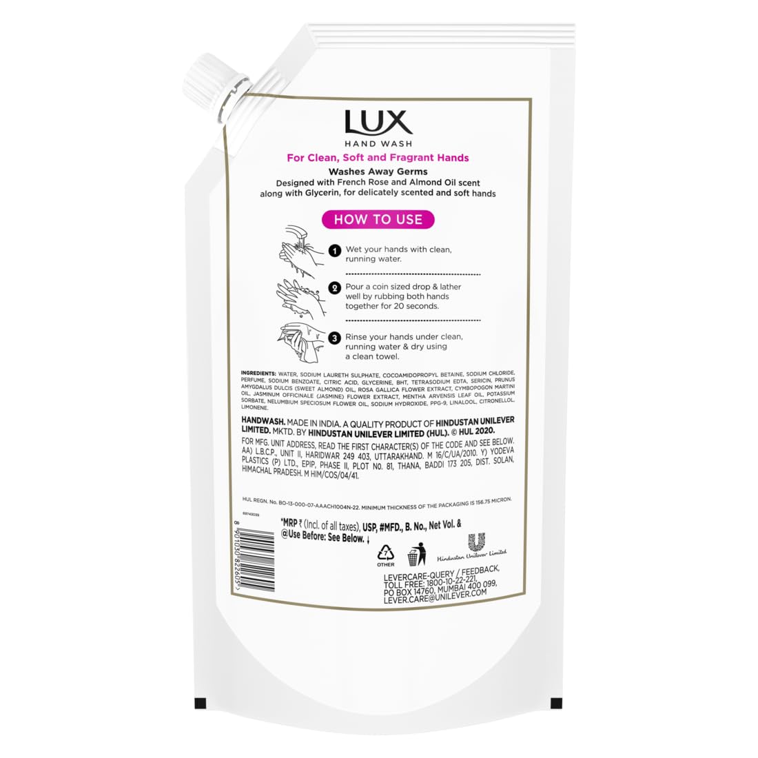 Lux Handwash with French Rose & Almond Oil For Clean|| Soft & Fregrant Hands Refill Pouch|| 750 ml
