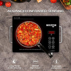 MILTON Classic 2200 Watt Infrared Cooktop with Crystal Glass & Touch Panel | 4 Pre set cooking Modes | Stir-fry | BBQ | Hot Pot | Steam | 60°C to 600°C | Digital time & Watt display - Classic SIlver