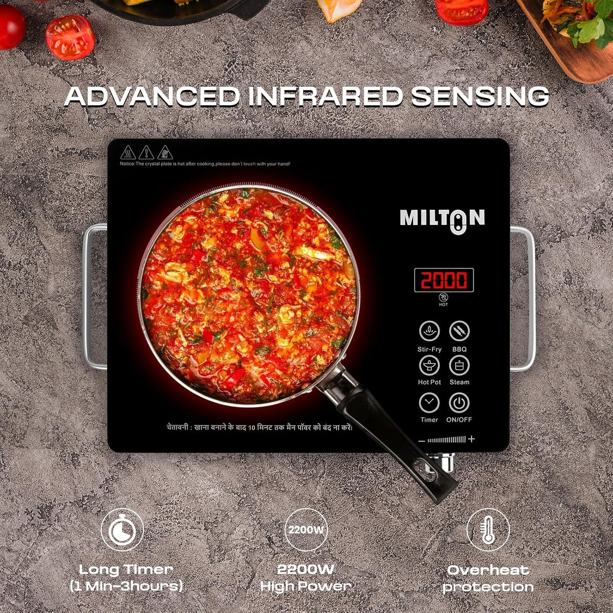 MILTON Classic 2200 Watt Infrared Cooktop with Crystal Glass & Touch Panel | 4 Pre set cooking Modes | Stir-fry | BBQ | Hot Pot | Steam | 60°C to 600°C | Digital time & Watt display - Classic SIlver