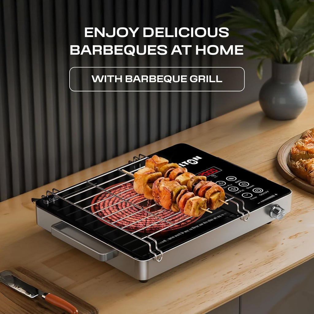 MILTON Classic 2200 Watt Infrared Cooktop with Crystal Glass & Touch Panel | 4 Pre set cooking Modes | Stir-fry | BBQ | Hot Pot | Steam | 60°C to 600°C | Digital time & Watt display - Classic SIlver