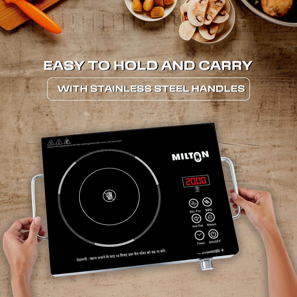 MILTON Classic 2200 Watt Infrared Cooktop with Crystal Glass & Touch Panel | 4 Pre set cooking Modes | Stir-fry | BBQ | Hot Pot | Steam | 60°C to 600°C | Digital time & Watt display - Classic SIlver