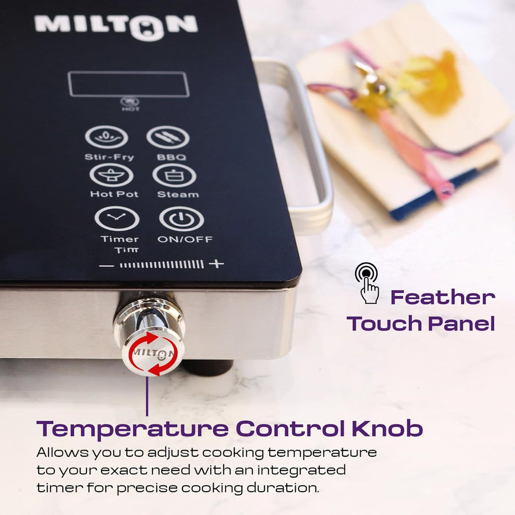 MILTON Classic 2200 Watt Infrared Cooktop with Crystal Glass & Touch Panel | 4 Pre set cooking Modes | Stir-fry | BBQ | Hot Pot | Steam | 60°C to 600°C | Digital time & Watt display - Classic SIlver