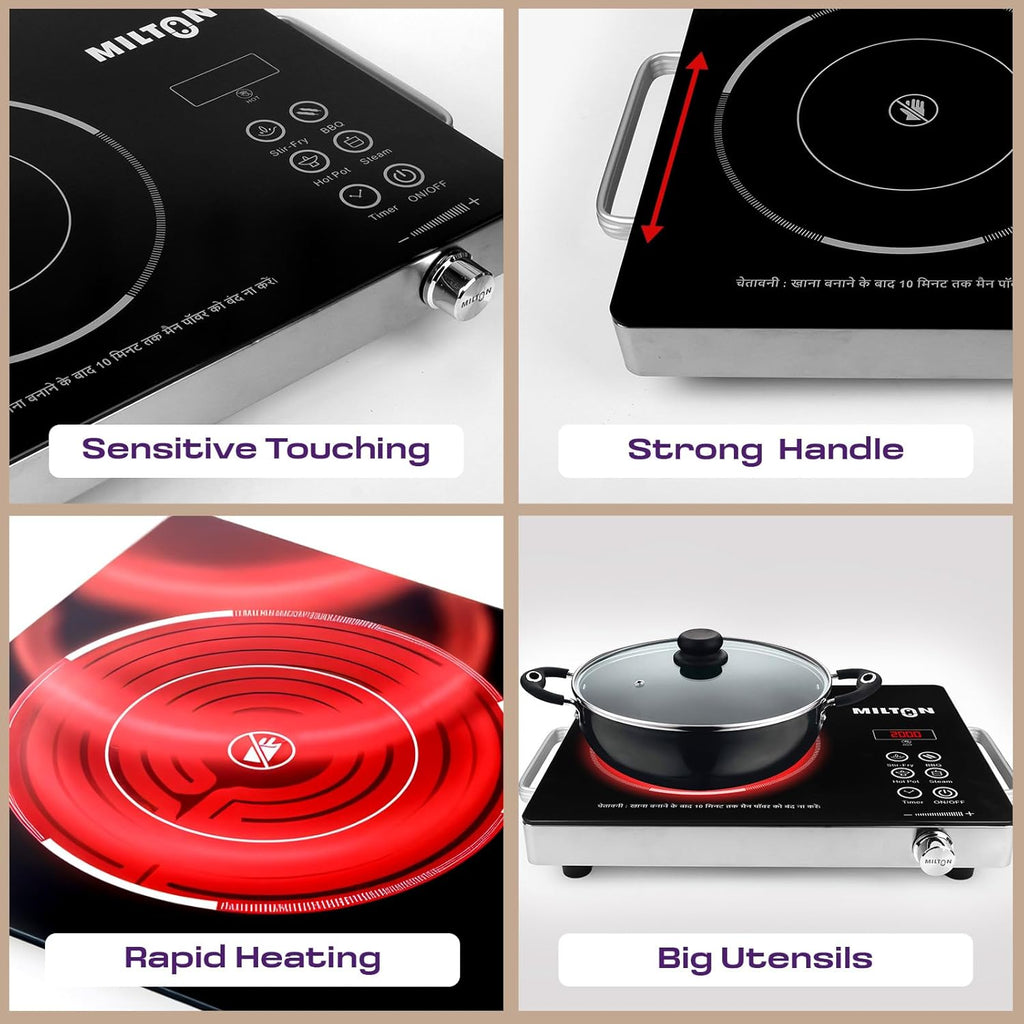 MILTON Classic 2200 Watt Infrared Cooktop with Crystal Glass & Touch Panel | 4 Pre set cooking Modes | Stir-fry | BBQ | Hot Pot | Steam | 60°C to 600°C | Digital time & Watt display - Classic SIlver