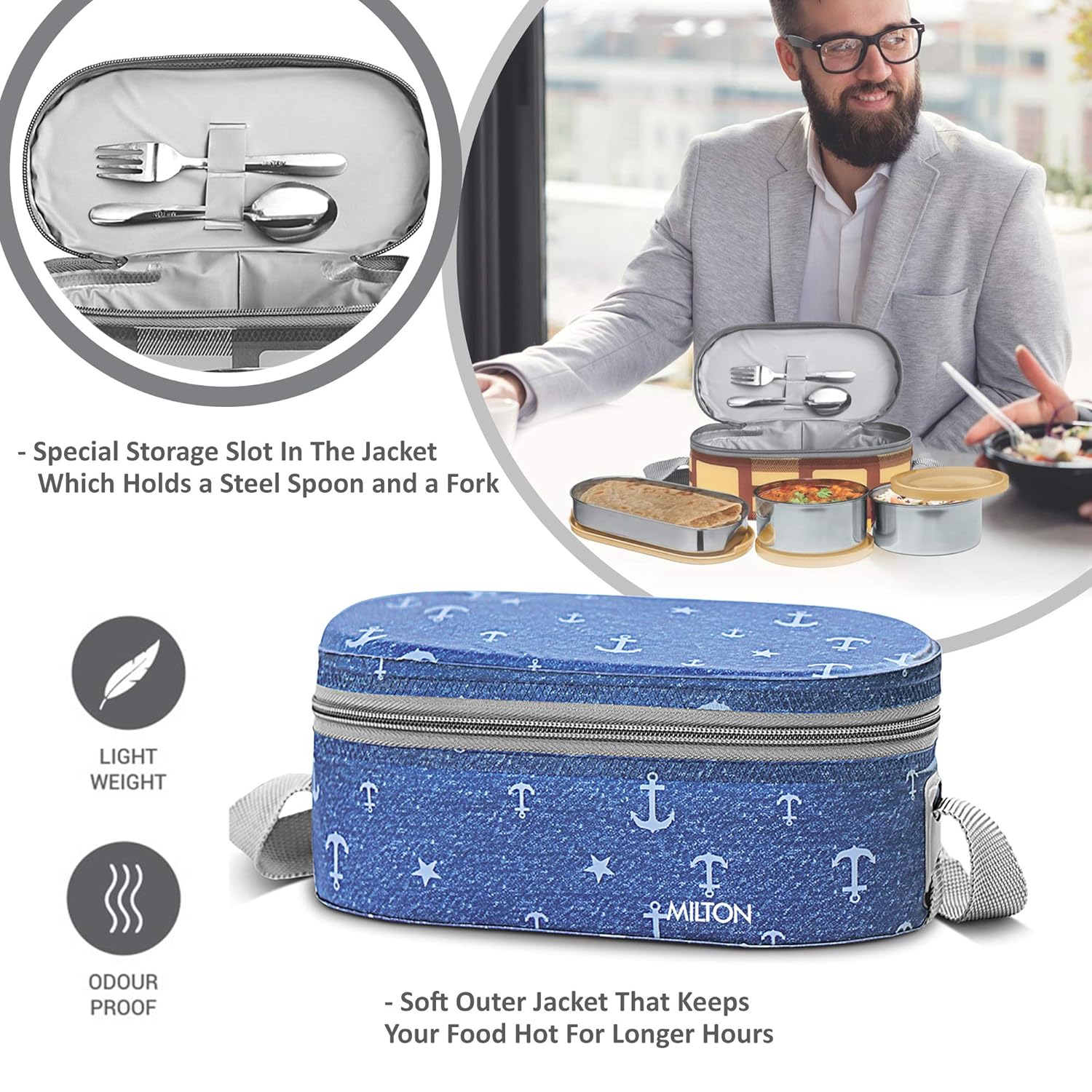MILTON Corporate Lunch Box Stainless Steel Tiffin  with Bag Blue