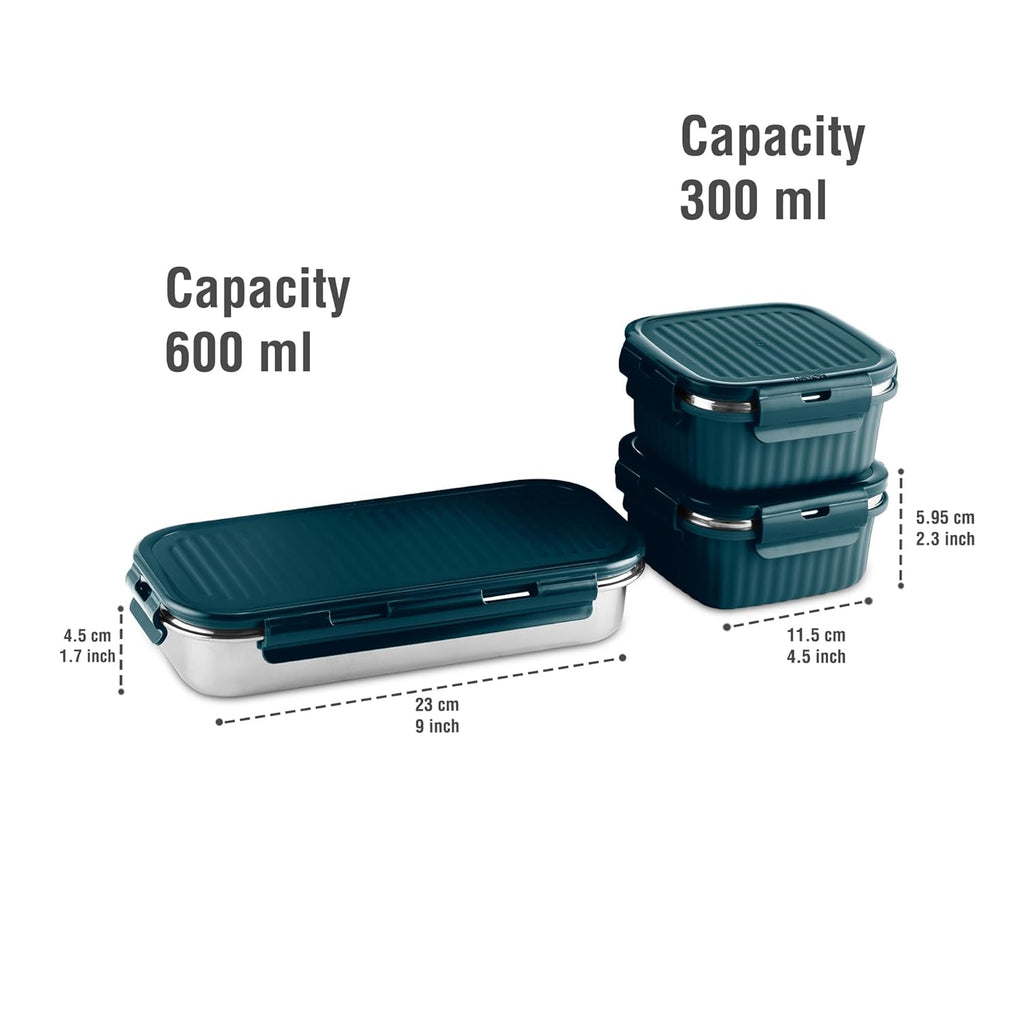 MILTON Lush Lunch Box I 1 Stainless Steel Container + 2 Microwave Safe (Blue)