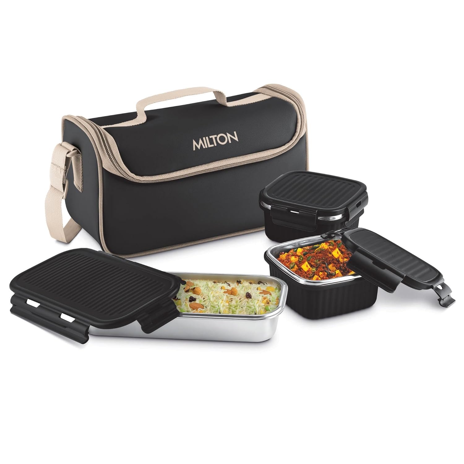 MILTON Lush Lunch Box I 1 Stainless Steel Container + 2 Microwave Safe (Black)
