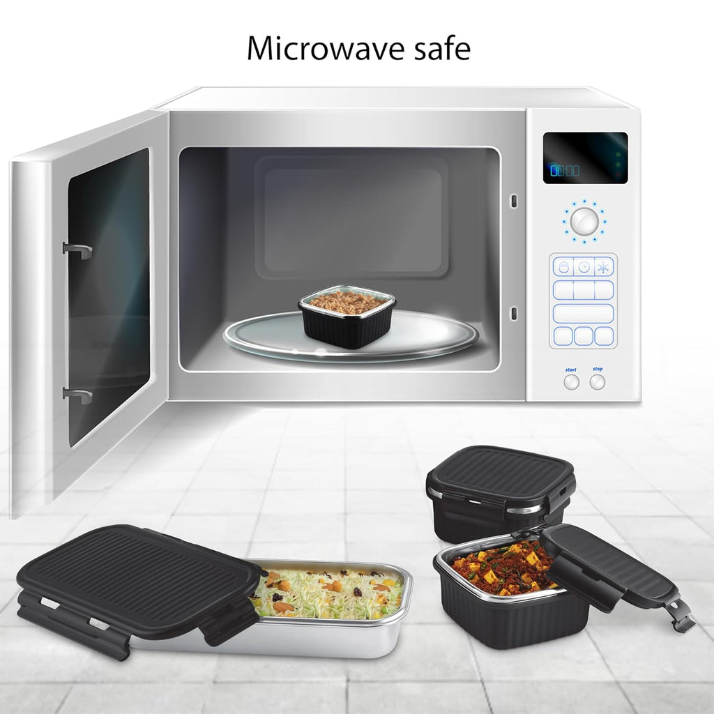 MILTON Lush Lunch Box I 1 Stainless Steel Container + 2 Microwave Safe (Black)