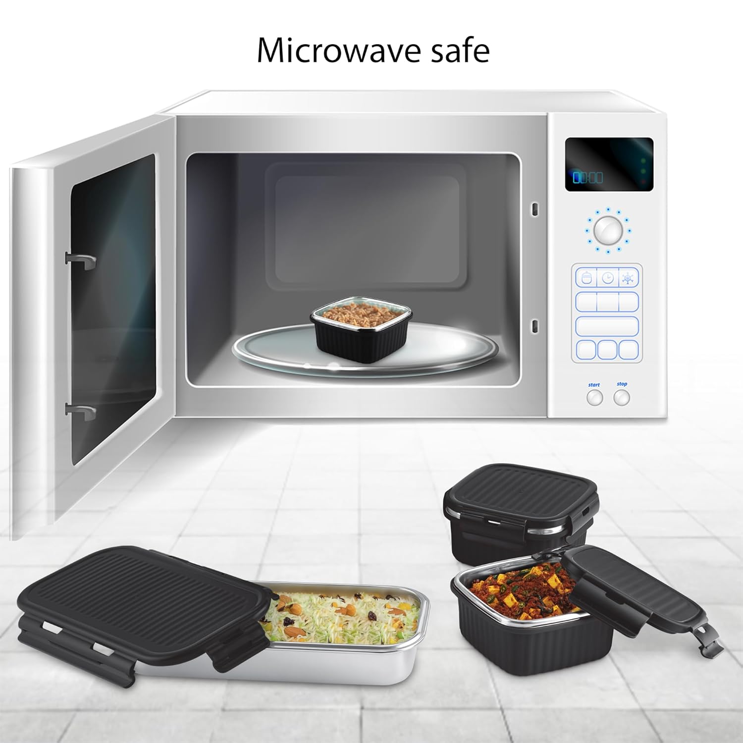 MILTON Lush Lunch Box I 1 Stainless Steel Container + 2 Microwave Safe (Black)