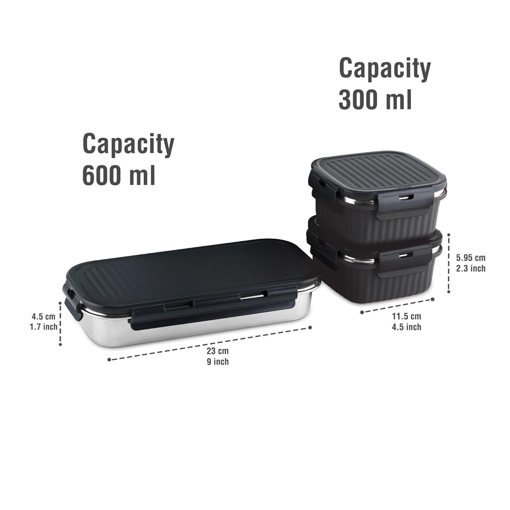 MILTON Lush Lunch Box I 1 Stainless Steel Container + 2 Microwave Safe (Black)