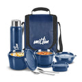 MILTON Pro Lunch Box, 3 Microwave Safe Inner Steel Containers (180 ml, 320 ml, 450 ml), Plastic Chutney Dabba (100 ml), Steel Bottle (750 ml)  Blue