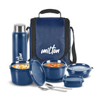 MILTON Pro Lunch Box, 3 Microwave Safe Inner Steel Containers (180 ml, 320 ml, 450 ml), Plastic Chutney Dabba (100 ml), Steel Bottle (750 ml)  Blue