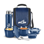 MILTON Pro Lunch Box, 3 Microwave Safe Inner Steel Containers (180 ml, 320 ml, 450 ml), Plastic Chutney Dabba (100 ml), Steel Bottle (750 ml)  Blue