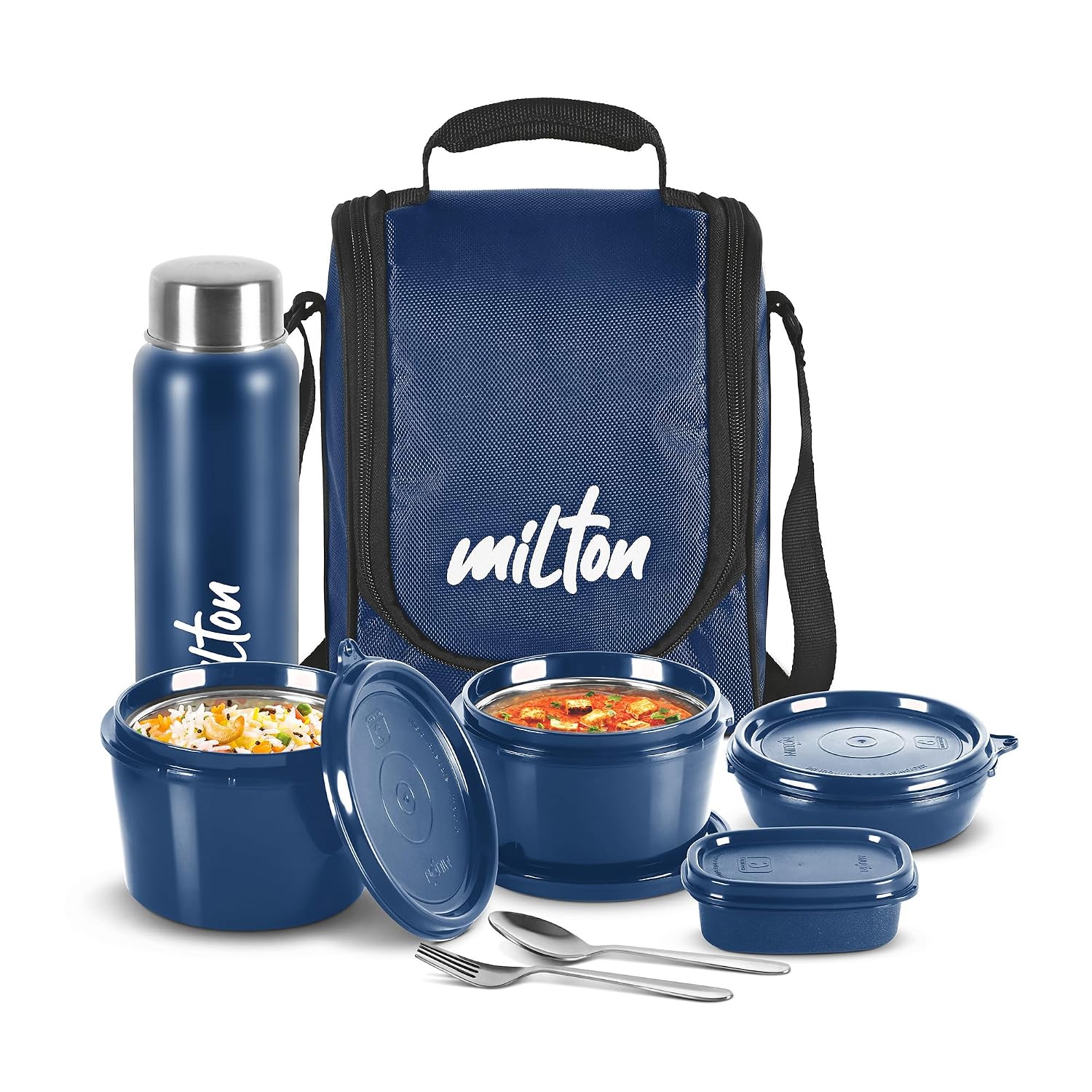 MILTON Pro Lunch Box, 3 Microwave Safe Inner Steel Containers (180 ml, 320 ml, 450 ml), Plastic Chutney Dabba (100 ml), Steel Bottle (750 ml)  Blue