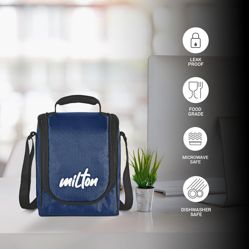 MILTON Pro Lunch Box, 3 Microwave Safe Inner Steel Containers (180 ml, 320 ml, 450 ml), Plastic Chutney Dabba (100 ml), Steel Bottle (750 ml)  Blue