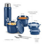 MILTON Pro Lunch Box, 3 Microwave Safe Inner Steel Containers (180 ml, 320 ml, 450 ml), Plastic Chutney Dabba (100 ml), Steel Bottle (750 ml)  Blue