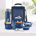 MILTON Pro Lunch Box, 3 Microwave Safe Inner Steel Containers (180 ml, 320 ml, 450 ml), Plastic Chutney Dabba (100 ml), Steel Bottle (750 ml)  Blue