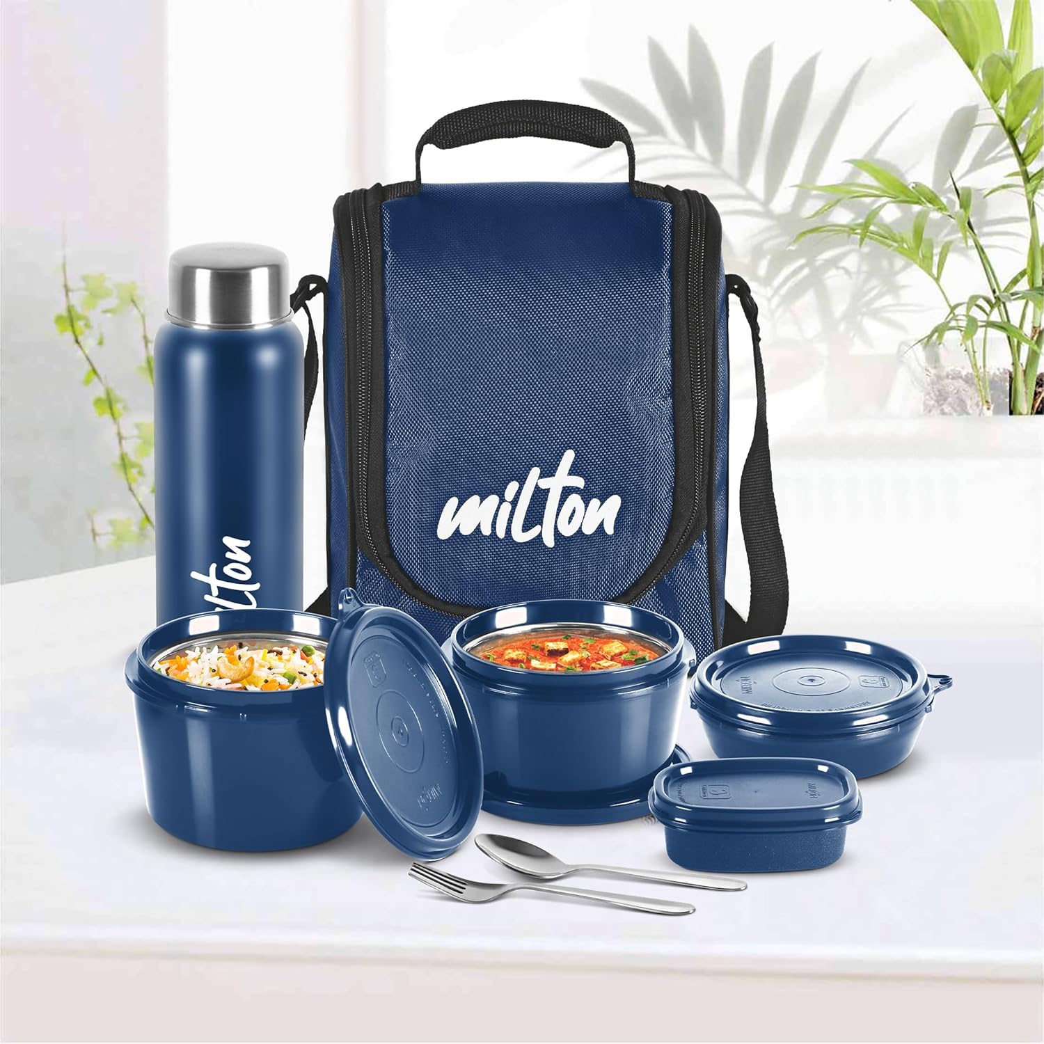 MILTON Pro Lunch Box, 3 Microwave Safe Inner Steel Containers (180 ml, 320 ml, 450 ml), Plastic Chutney Dabba (100 ml), Steel Bottle (750 ml)  Blue