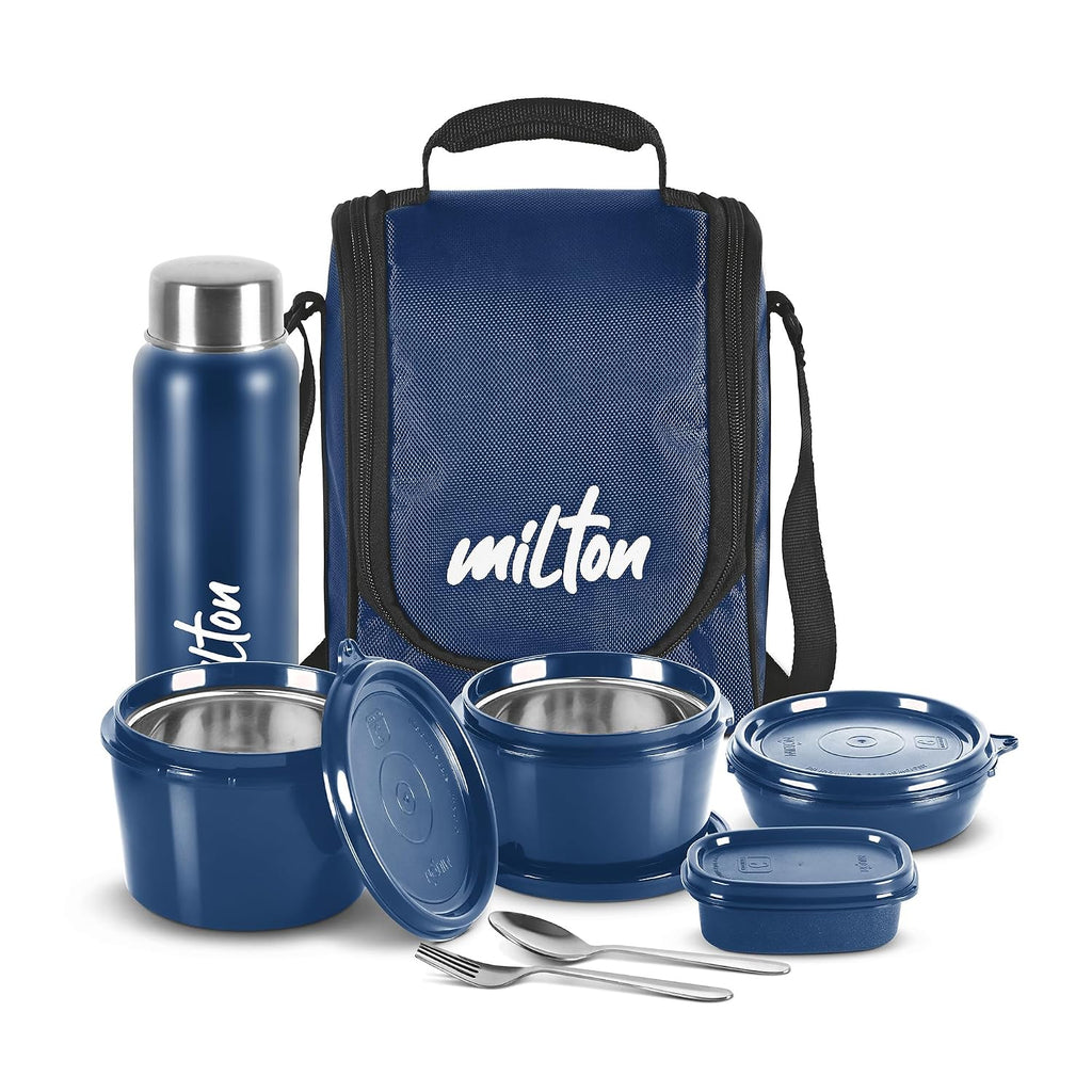 MILTON Pro Lunch Box, 3 Microwave Safe Inner Steel Containers (180 ml, 320 ml, 450 ml), Plastic Chutney Dabba (100 ml), Steel Bottle (750 ml)  Blue